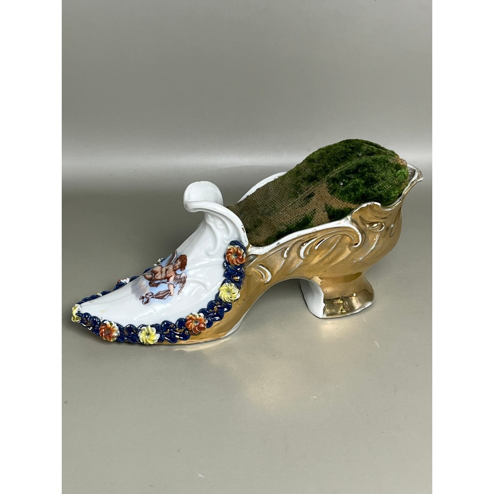Vtg Pincushion Slipper Porcelain Shoe 7" Decorative Sewing Decor Cherub Cupid